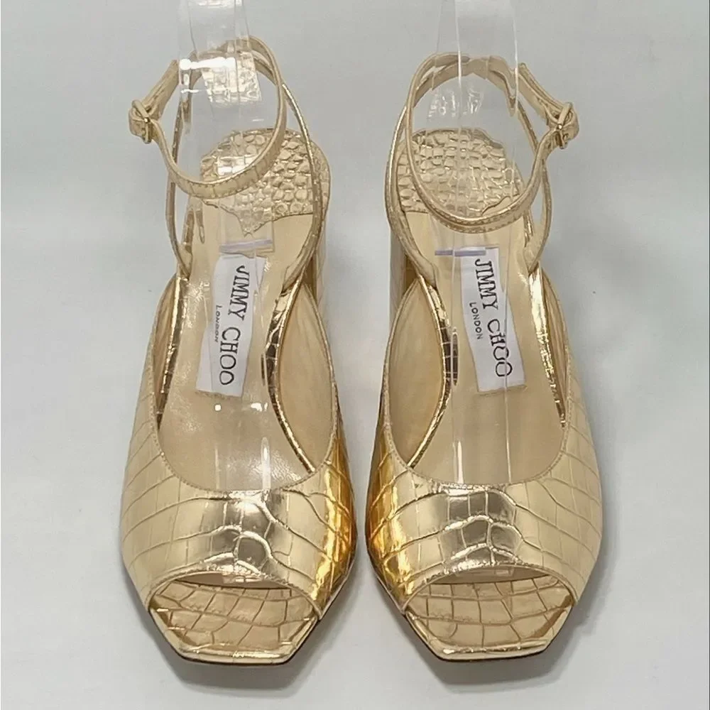 Jimmy Choo Jassidy Croc-Embossed Metallic Leather Sandals size 37.5